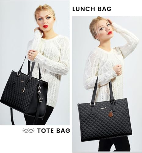 Image of Lunch Tote Bag for Women,15.6 Inch Laptop Bag with Insulated Lunch Compartment, Quilted Large Capacity Computer Handbag with Purse for Business, Work, Nurse,Collage,Office