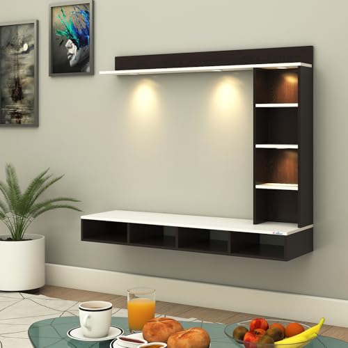 Image of Anikaa Briza Engineered Wood Wall Mounted TV Unit with 4 LED Lights, 9 Open Display Boxes & Shelf Design for Living Room | Ideal for Upto 43 Inch TV- Wenge /White(DIY Installation)