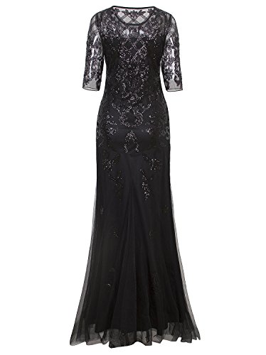 Vijiv Vintage 1920s Long Wedding Prom Dresses 2/3 Sleeve Sequin Party Evening Gown Black XXL - Thumbnail 5