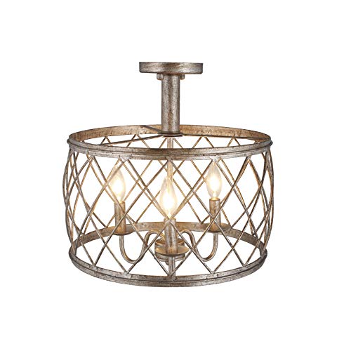 Dia15.57 Inch Trellis Cage Semi Flush Mount Ceiling Light - 3 Light Openwork Lantern Industrial Style Antique Mesh Wire French Country Lamp (Aged Silver) #TOP1
