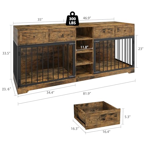 GarveeHome 82” Double Dog Crate Furniture, Large Dog Kennel Indoor for 2 Dogs, Heavy Duty Wooden Dog Crate TV Stand with 4 Drawers and Shelves, Brown