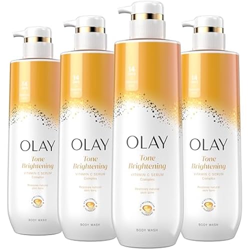 Olay Body Wash for Women, Tone Brightening Exfoliation, Vitamin C Serum Complex, Renew Moisture, Free of Parabens & Phthalates, Vitamin B3 Lameller Technology, For All Skin Types, 20 fl oz (Pack of 4)