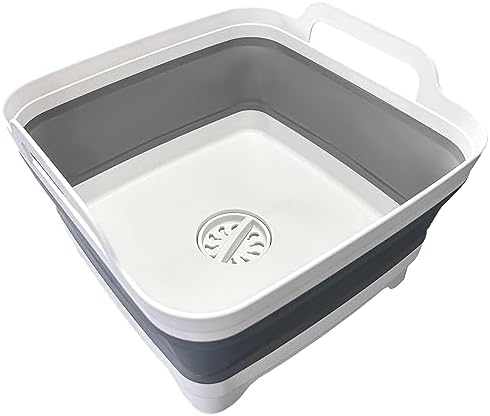 Leemeimei 9L (2.4Gallon) Dish Basin Collapsible with Drain Plug Carry Handles,Kitchen Storage Tray Dish Wash Basin, Portable Dish Tub, Foldable Dishpan for Camping Portable Dish Washing(Gray)
