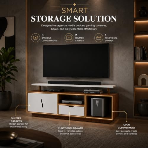 Image of GRATUS Wall Mounted TV Unit for Living Room | Wooden TV Cabinet with 3 Storage Compartments, 2 Shutters, Drawer & Open Shelf | Entertainment Center for 43, 55 & 65 Inch TVs