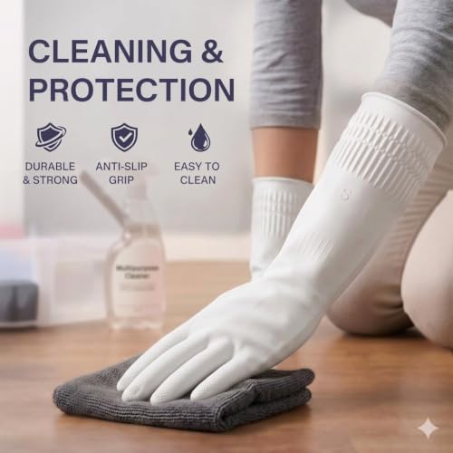 Image of White Multipurpose Rubber Gloves| Cleaning| Kitchen| Dishwashing | Gardening | Pet Care | Painting | Reusable| Non-Slip| Latex-Free| Heavy Duty| Waterproof|- 15 INCH. (1 WHITE) |