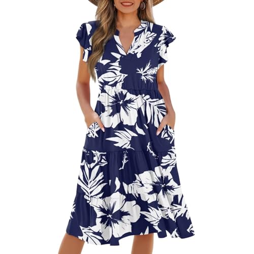 Image of Womens Summer Dress Ruffle Sleeve V Neck Dress Casual Fit Flowy Beach Vacation Sundress with Pocket S-2XL