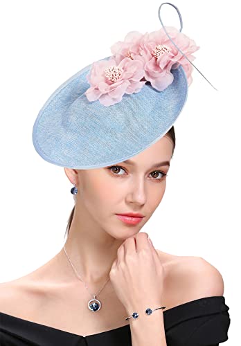 ELLYDOOR Sinamay Fascinator Church Hats for Women Derby Hat Wedding Tea Party Pillbox Hat with Headband Clip Lake Blue Pink