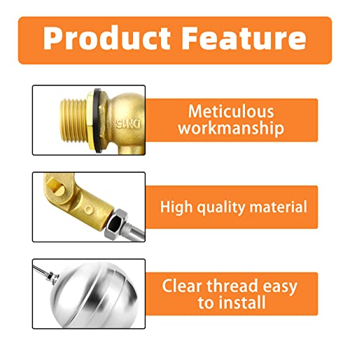 Gasher 2Pcs 1/2" 304 Stainless Steel Float Ball Valve With 1/2"G Female X 1/2"Npt Male Adapter, Dn15 Adjustable Water Tank Float Ball Valve For Stock Tank Pool Water Level Control #TOP4