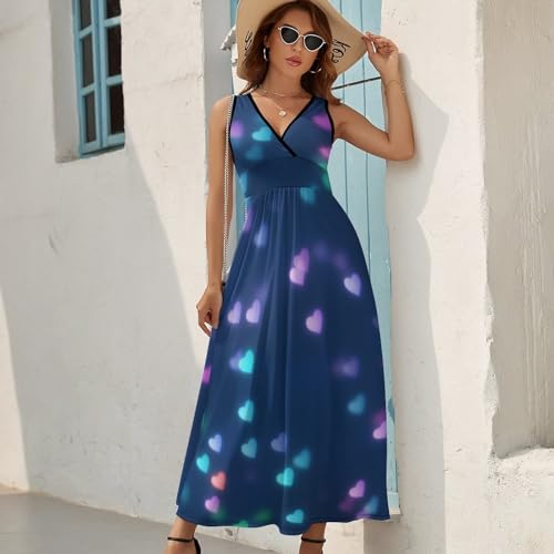 Robe longue d'été col V imprimé coeurs roses bleus sans manches décontracté