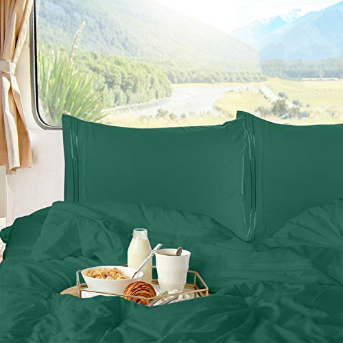Image of Nestl Dark Green Short Queen Sheets for RV, Hotel Luxury RV Queen Sheets Set, 6 Piece Fitted Bed Sheet Set and Pillowcases, Super Soft, Wrinkle-Free, and Breathable Camper Bedding