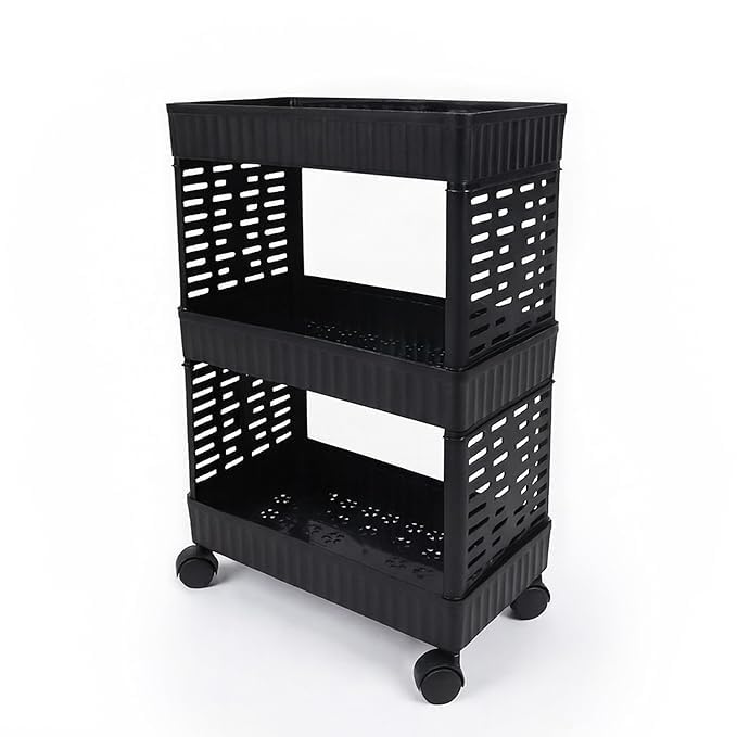 Image of 3-Tier Rolling Storage Cart with Wheels | Multipurpose Plastic Utility Organizer Trolley for Kitchen, Bathroom & Home | Black (1 Pcs, 3 Layer)