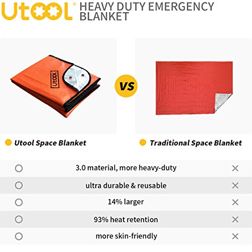 UTOOL Survival Emergency Blanket, Waterproof Insulated Tarp, Reflective Blanket Tarp, Survival Space Blankets, 3 Layer Large Heavy Duty Thermal Blanket for Hiking, Camping, Orange