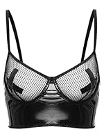 TiaoBug Damen Wetlook BH Ouvert Fishnet Schale Bra mit Einstellbare Spaghettiträgern Lack Leder Bikinioberteil Push Up Unterwäsche Crop Top Clubwear Schwarz XXL