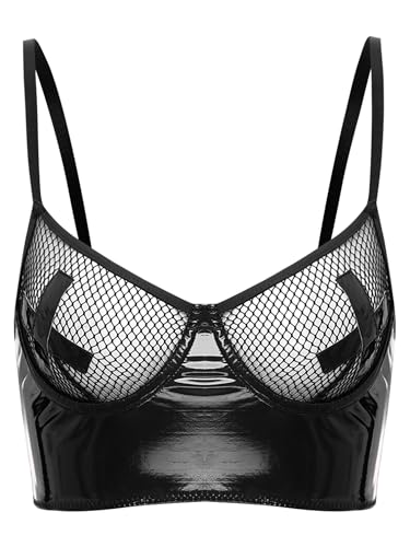 TiaoBug Damen Wetlook BH Ouvert Fishnet Schale Bra mit Einstellbare Spaghettiträgern Lack Leder Bikinioberteil Push Up Unterwäsche Crop Top Clubwear...