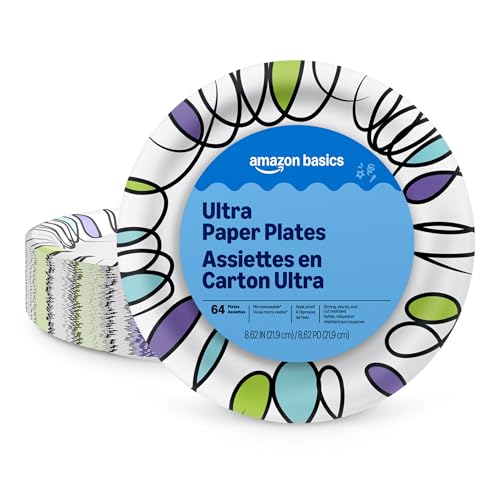 Amazon Basics Ultra Paper Plates, 8.62 Inch, Disposable, 64 Count, Packaging May Vary