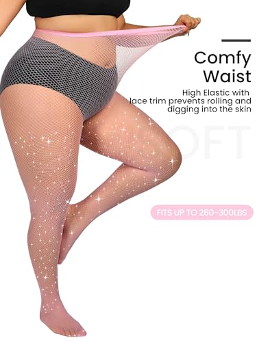 Image of Plus Size Fishnet Tights Sparkle Stockings Glitter Pantyhose High Waist Fine Mesh Stockings Value Pack of 2
