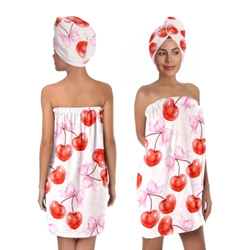 Women's Cherry Bow Towel Wrap and Hair Drying Cap Set – Pink Microfiber Shower Wrap with Red Cherries & Bows – Cute Quick Dry Spa Gift for Girls & Teens (Cherry 2)
