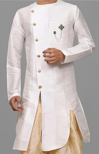 Image of Mahi Victorian Style Artificial Pearl & Crystal Sherwani Brooch Pin with Hanging Chain for Men (PABP1101193PR)
