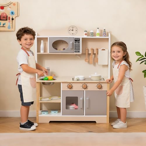 HONEY JOY Kids Kitchen Playset, Wooden Play Kitchen for Toddlers, Microwave, Sink& Oven, 13 Cooking Accessories, Storage Cabinet, Little Chef Pretend Play Toy Kitchen Set, Gift for Boys Girls, Natural - Image 2