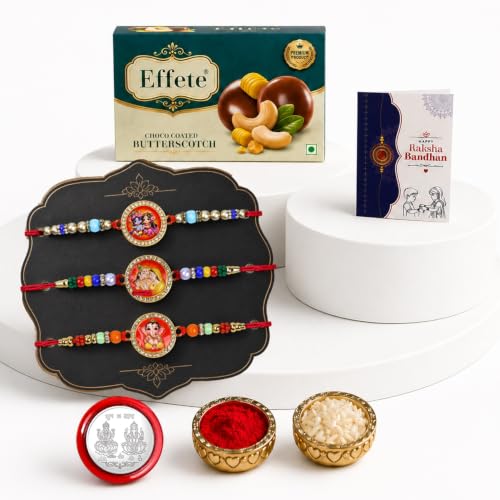 Image of DeoDap Rakhi with Chocolate for Brother - Mix Design Round Shape Colorful Stylish Rakhi 3 Pc with Butter Scotch Nuts Chocolate 32gms, Silver Color Coin, Greeting Card & Tilak Set - Tradtional Raksha Bandhan Combo