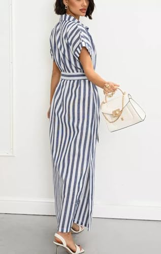 Image of utcoco Women's 2025 Striped Short Sleeve Cotton Maxi Shirt Dress Belted Side Slit Button Down Dress with Pockets