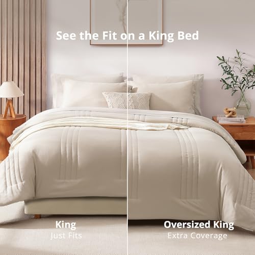 Image of Monbix King Size Comforter Set - 7 Pieces Bed in a Bag King, Apricot Beige King Bedding Sets with Comforter, All Seasons Comforter Bed Set with Sheets, Pillowcases & Shams