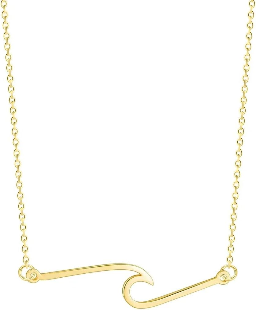 LUSSO 14k Yellow Gold Bohemian Wave Necklace For Women, Silver Cute Surfing Wave Necklace - Minimalist Ocean Wave Necklace, Vintage Wave Pendant Necklace For Summer Holiday Party Birthday Gifts