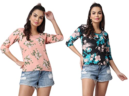 Image of POPWINGS Casual Floral Printed Round-Neck Puff-Sleeves Tops Combo for Women