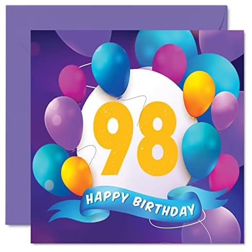 Tarjeta cumpleaños 98 hombres mujeres, fiesta en globo, tarjetas feliz cumpleaños hombre 98 años, mujer, abuelo, abuela, gran nan, niñera, mamá, papá, 145 mm x 145 mm, tarjetas felicitación cumpleaños