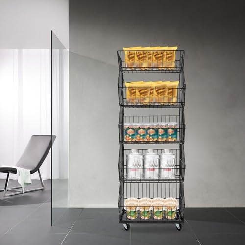 5 Tier Retail Display Rack, 44LBS Capacity Per Tier Slanted Basket Merchandise Rack with 4 Wheels, Metal Wire Display Shelf Cart for Store Home Kitchen