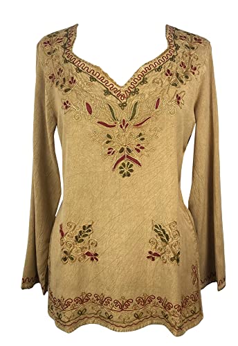 Agan Traders 720 B Women's Long Sleeve Embroidered Tunic Blouse (Medium, Camel C) #TOP5