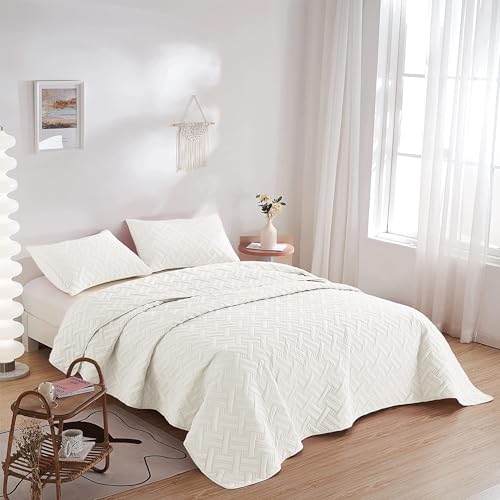 Image of SANMARINO Luxury Cotton Ultrasonic Quilted King Size Bedcover with 2 Pillow Covers | Ultra-Soft, Cozy Solid All-Season Quilt Coverlet | Premium Bedding Set for Bedroom Decor - 228x254 cm,Pearl Ivory