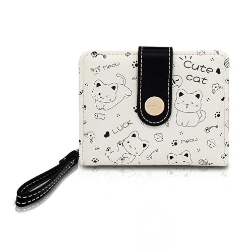 Small Purses for Women, PU Women Wallets with 5 Cards and ID Window Cute Kitten Pattern Ladies Purse(Black)2