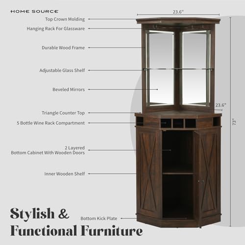 Home Source 73" Tall Corner Storage Cabinet with Wood Doors, Wine Rcak, Liquor Glass Holder, Glass Design Large Rustic Bar Hutch for Living Room, Home Office, Kitchen, Small Space, Mahogany