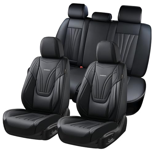 Image of Coverado Car Seat Covers Full Set, 5 Piece Car Seat Protector with Lumbar Support & Removable Headrest, Breathable Leather Front Rear Seat Cushion Universal Fit for Truck Automotive Black