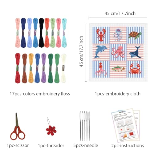 Image of FREEBLOSS 11CT Cross Stitch Kits Striped Sea Animal Stamped Embroidery Kits with Instruction Cross Stitch Wall Hanging Kit for Needlepoint Adults Wall Art Decoration 18 * 18in /45 * 45cm