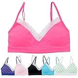 Alyce Ives Intimates - Pack of 6 - Seamless Girls Bra with Lace Trim & Adjustable Straps- Youth Lightly Padded Bras for Girls (Solids & Green Floral Print)
