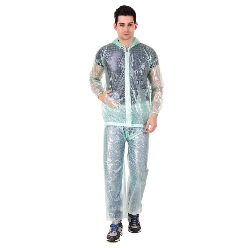 Men's|Women's PVC Rainsuit with Hoods and Side Pocket, 100% Waterproof Portable Rainwear (Green)