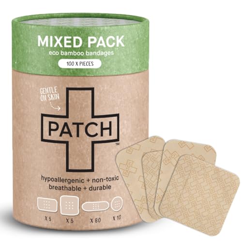 PATCH 100 Piece Value Pack Mixed Sizes - Eco-Friendly Bamboo Bandages for Cuts & Scratches Hypoallergenic Wound Care for Sensitive Skin Compostable & Biodegradable Latex Free Plastic Free