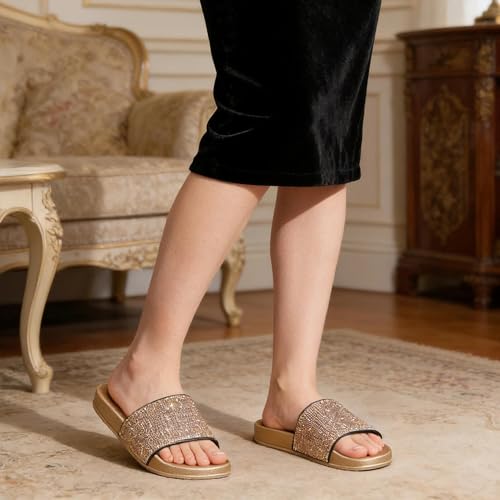 Image of Fur Story Womens Slides House Slippers Rhinestone Glitter Slides Cute bling Flat for Women Platform Sandals Cozy Bedroom Slippers Shower Shoes