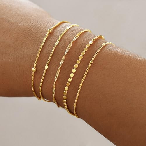 Striviio Gold Bracelets for Women, 14K Gold Plated Stackable Bracelet Stack Set Adjustable Charm Paperclip Chain Snake Link Layered Waterproof Jewelry Sets Gifts - 1
