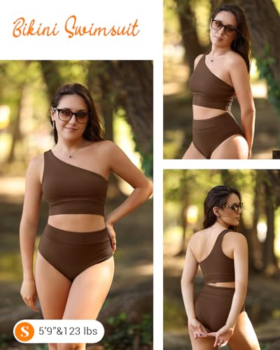 Image of Holipick Women One Shoulder High Waisted Bikini Sets Two Piece Swimsuit Tummy Control Bathing Suit Full Coverage Swimwear