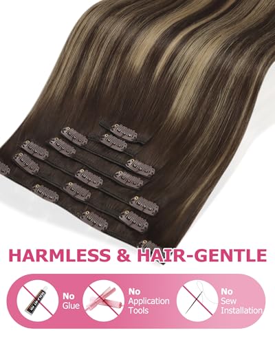 Image of YoungSee Balayage Clip in Human Hair Extensions 22 Inch Brown Clip-in Hair Extensions for Long Length, Dark Brown with Caramel Blonde Balayage Gentle Clip in Extension for Sensitive Scalp 22 Inch 120G
