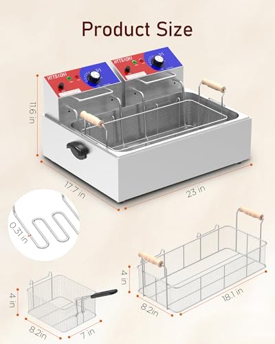 Commercial Deep Fryer - 22 L Electric Deep Fryer with 10 L Basket, Commercial Deep Fryer with Basket (3Pcs), Stainless Steel Countertop Deep Fryer w/Adjustable Temperature and Restaurant