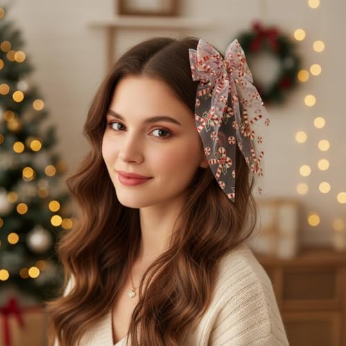 1 Pack Lazos de Navidad para Pelo para Mujeres y Niñas, Clip de Lazo Blanco de Tul de Malla con Cola Larga Sobredimensionada, Accesorios de Decoración para el Cabello miniatura 6