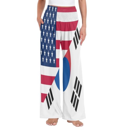Pantalon palazzo femme doux et fluide aux motifs USA et Corée du Sud