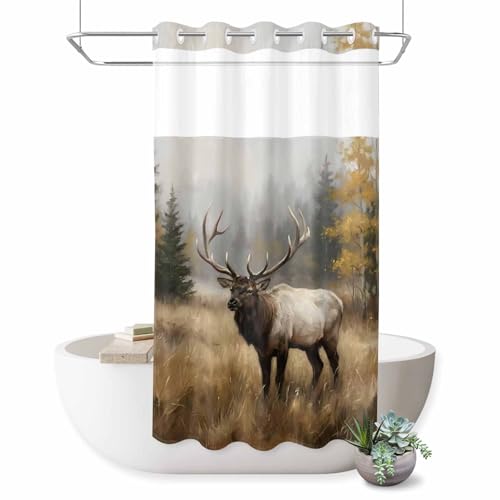 No Hook Shower Curtain,Farm Elk Waterproof Shower Curtains for Bathroom,Farmhouse Animals Lodge Forest Wilderness Bathroom Curtain with Mesh Top Window for Home Hotel Bathtub,Small Stall 36"x72"
