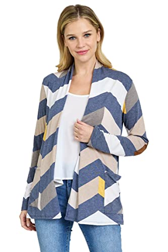 Image of Eloges Women's Multi Stripe Soft Knit Open Cardigan with Suede Elbow Patch