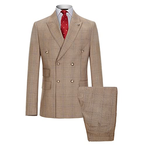 Men’s 2 Piece Suits Slim Fit Plaid Double Breasted Blazer and Pants Set Wedding Party Tuxedo