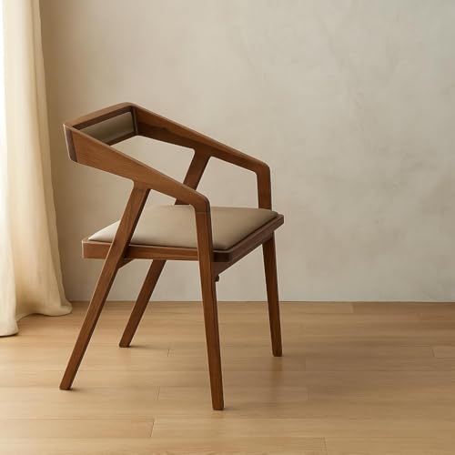 Image of Solid Sheesham Wood Cafe Arm Chair, Walnut + Chocolate Upholstered Seat, Modern Wooden Accent Chair, Set of 1